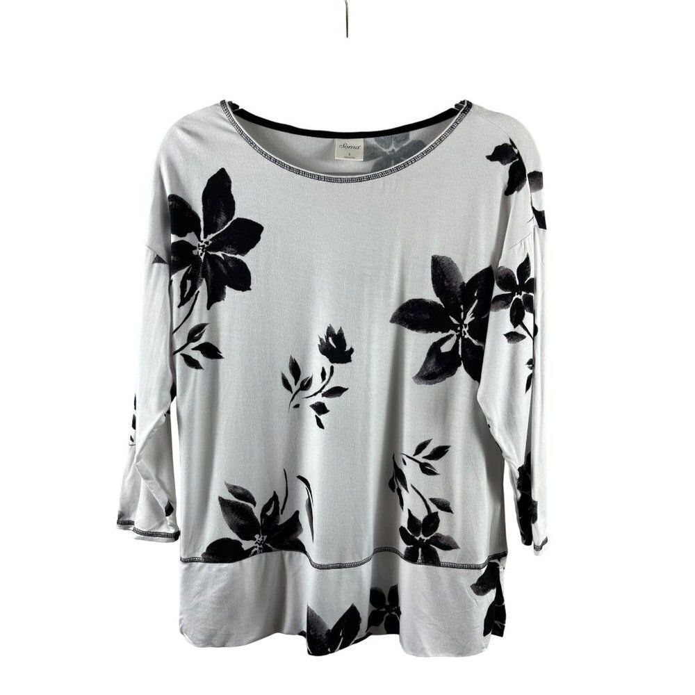 Soma Cool Nights Floral 3/4 Sleeve Pajama Shirt Top Small White Black Loungewear
